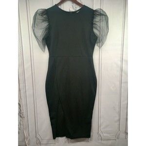 Shein Dress Women's SZ L Sheer Puff Sleeves High Front Slit Sheath Black